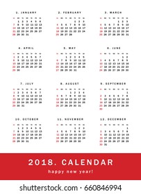 Simple calendar Layout for 2018 years. Week starts from Sunday.