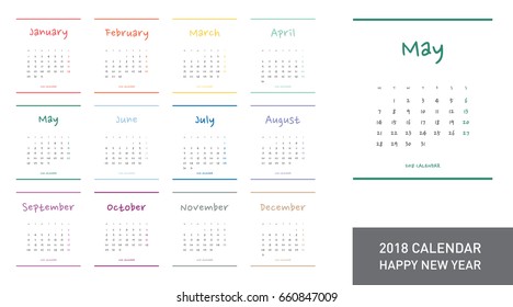 Simple calendar Layout for 2018 years. Week starts from Monday.