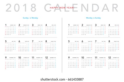 Simple calendar Layout for 2018 years. Week starts from Sunday and Monday.