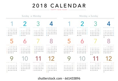 Simple calendar Layout for 2018 years. Week starts from Sunday and Monday.