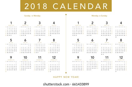 Simple calendar Layout for 2018 years. Week starts from Sunday and Monday.