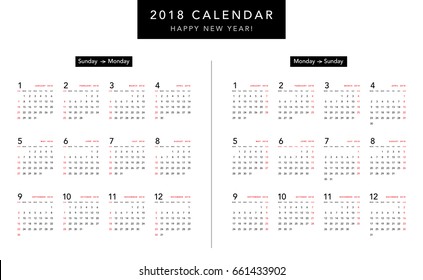 Simple calendar Layout for 2018 years. Week starts from Sunday and Monday.