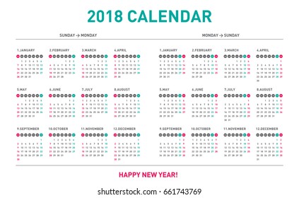 Simple calendar Layout for 2018 years. Week starts from Sunday and Monday.