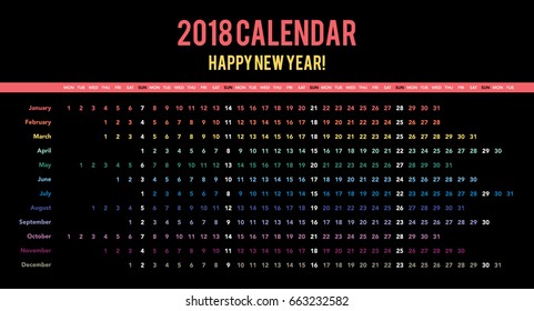 Simple Calendar Layout for 2018 years. one page calendar.