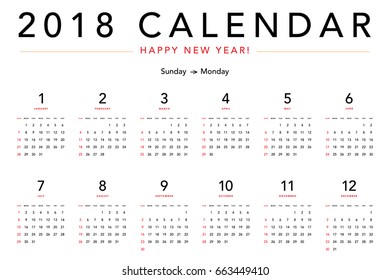 Simple calendar Layout for 2018 years. Week starts from Sunday.
