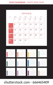 Simple calendar Layout for 2018 years. Week starts from Sunday.