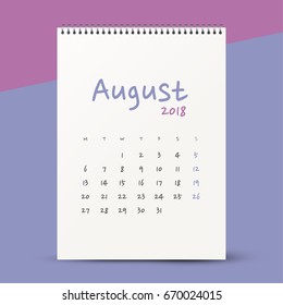 Simple calendar Layout for 2018 years. Week starts from Monday. Mockup