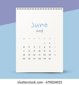 Simple calendar Layout for 2018 years. Week starts from Monday. Mockup
