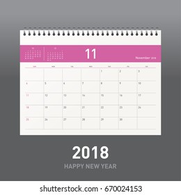 Simple calendar Layout for 2018 years. Week starts from Sunday.