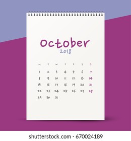 Simple calendar Layout for 2018 years. Week starts from Monday. Mockup
