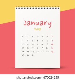Simple calendar Layout for 2018 years. Week starts from Monday. Mockup