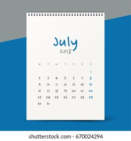Simple calendar Layout for 2018 years. Week starts from Monday. Mockup