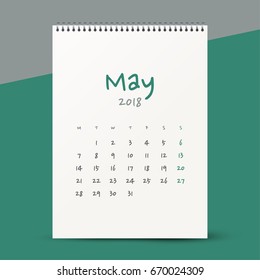 Simple calendar Layout for 2018 years. Week starts from Monday. Mockup