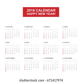 Simple calendar Layout for 2018 years. Week starts from Sunday.