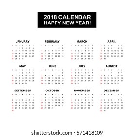 Simple calendar Layout for 2018 years. Week starts from Sunday.