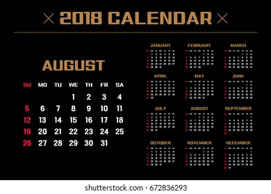 Simple calendar Layout for 2018 years. Week starts from Sunday.