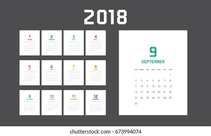 Simple calendar Layout for 2018 years. Week starts from Sunday.