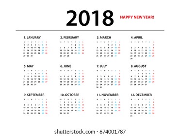 Simple calendar Layout for 2018 years. Week starts from Monday.