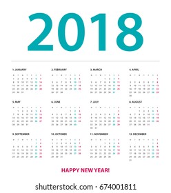 Simple calendar Layout for 2018 years. Week starts from Monday.
