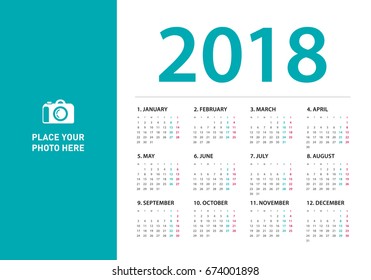 Simple calendar Layout for 2018 years. Week starts from Monday.