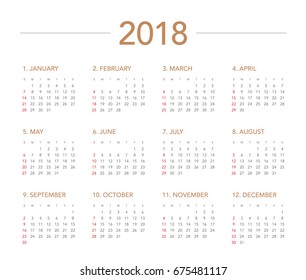 Simple calendar Layout for 2018 years. Week starts from Sunday.