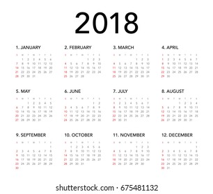 Simple calendar Layout for 2018 years. Week starts from Sunday.