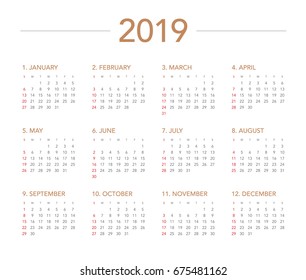 Simple calendar Layout for 2018 years. Week starts from Sunday.
