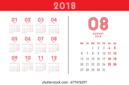 Simple calendar Layout for 2018 years. Week starts from Monday.
