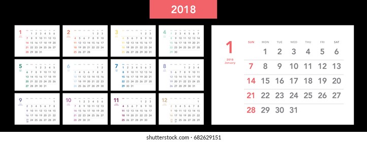 Simple Calendar Layout For 2018 Years. Week Starts From Sunday.