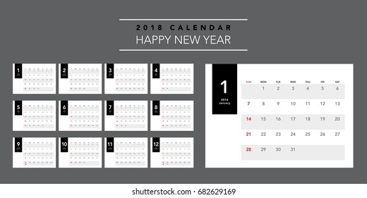 Simple calendar Layout for 2018 years. Week starts from Sunday.