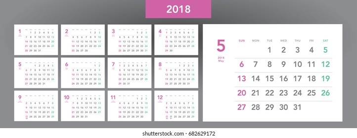 Simple calendar Layout for 2018 years. Week starts from Sunday.