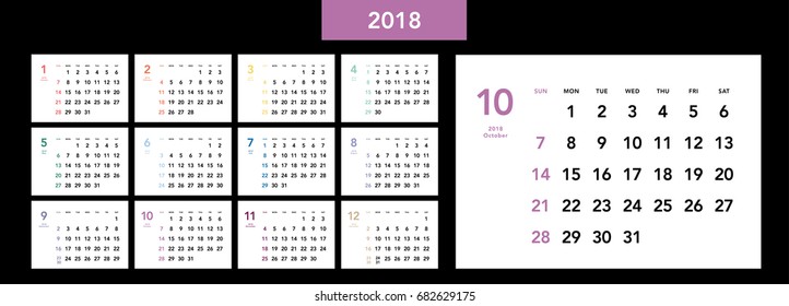Simple calendar Layout for 2018 years. Week starts from Sunday.