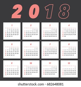 Simple calendar Layout for 2018 years. Week starts from Sunday.