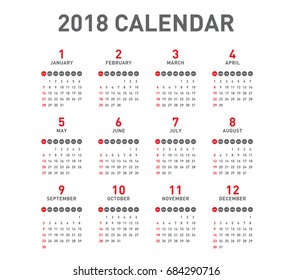 Simple calendar Layout for 2018 years. Week starts from Sunday.