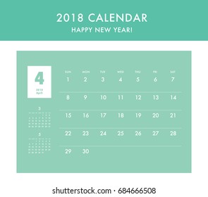Simple calendar Layout for 2018 years. Week starts from Sunday.