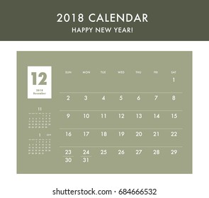 Simple calendar Layout for 2018 years. Week starts from Sunday.