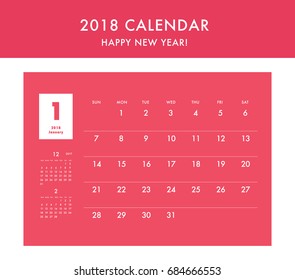 Simple calendar Layout for 2018 years. Week starts from Sunday.
