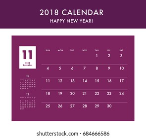 Simple calendar Layout for 2018 years. Week starts from Sunday.