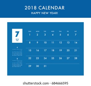 Simple calendar Layout for 2018 years. Week starts from Sunday.