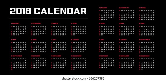 Simple calendar Layout for 2018 years. Week starts from Sunday.