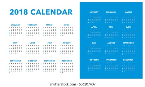 Simple calendar Layout for 2018 years. Week starts from Sunday.