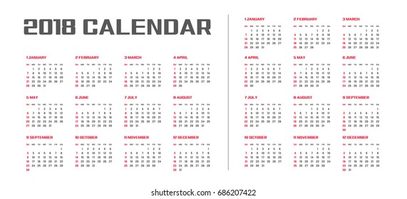 Simple calendar Layout for 2018 years. Week starts from Sunday.