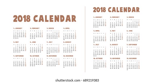 Simple calendar Layout for 2018 years. Week starts from Monday.