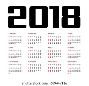 Simple calendar Layout for 2018 years. Week starts from Sunday.