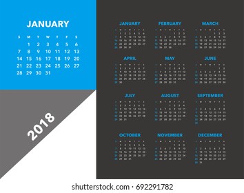 Simple calendar Layout for 2018 years. Week starts from Sunday.