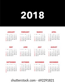 Simple calendar Layout for 2018 years. Week starts from Sunday.