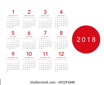 Simple calendar Layout for 2018 years. Week starts from Sunday.