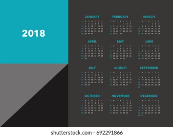 Simple calendar Layout for 2018 years. Week starts from Sunday.