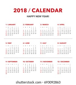 Simple calendar Layout for 2018 years. Week starts from Sunday.