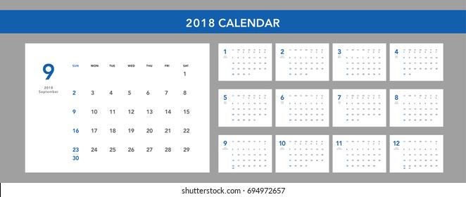 Simple calendar Layout for 2018 years. Week starts from Sunday.